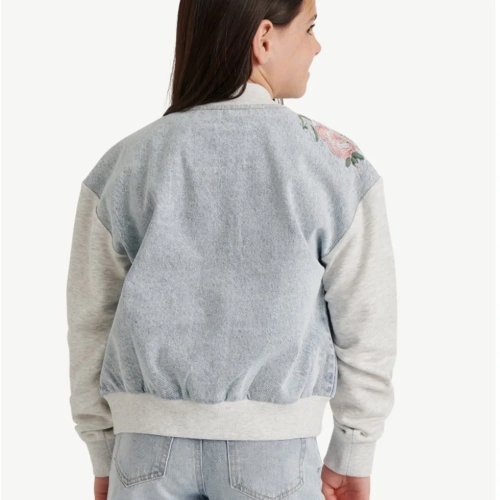 Justice Blue and Gray Bomber Jacket with Floral Design, Embroidery 0079